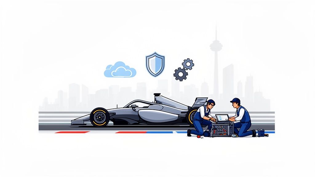 Illustration of IT professionals servicing a race car with cloud and security symbols.