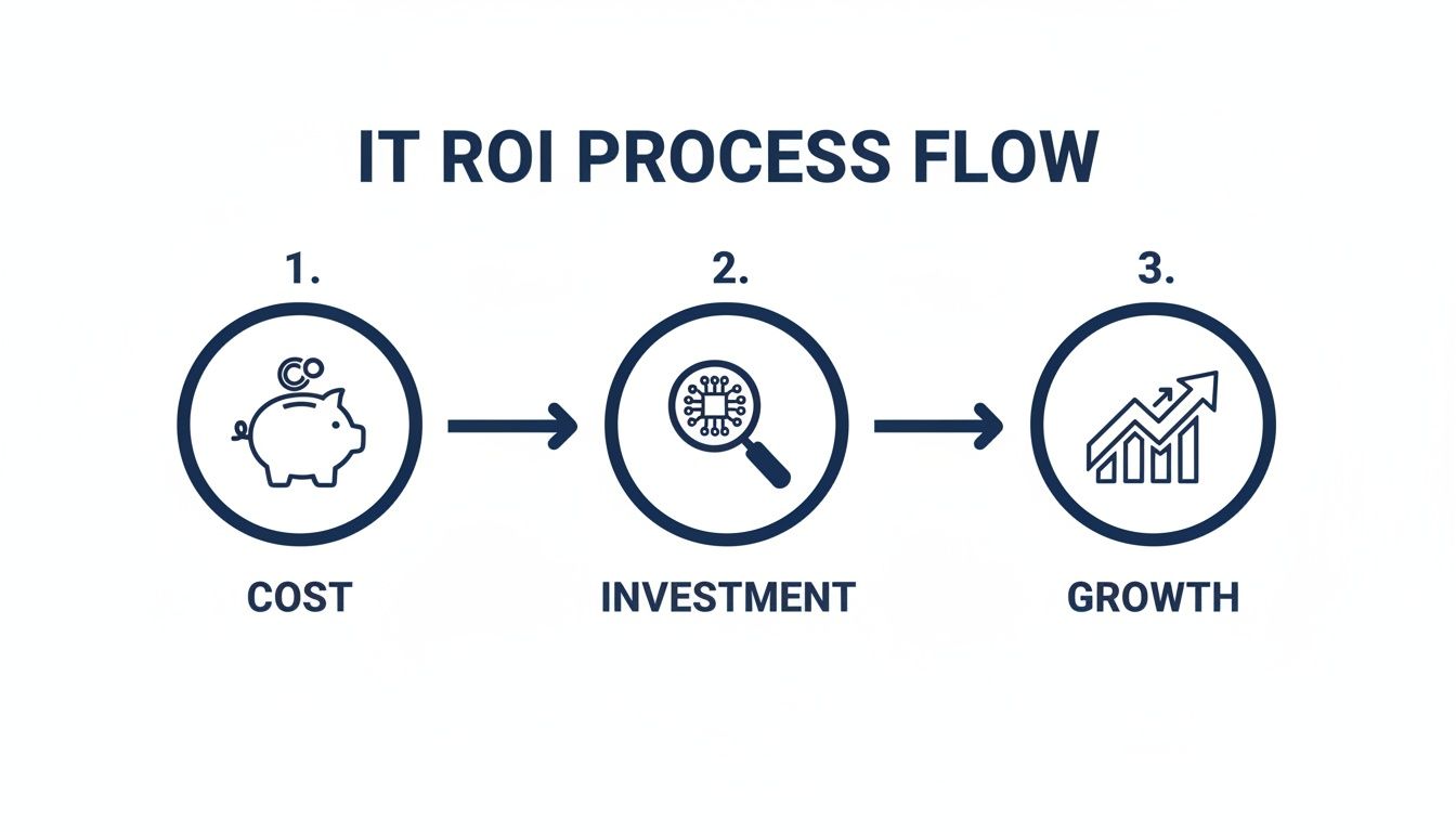 IT ROI process flow diagram illustrating the journey from cost analysis to investment and growth.