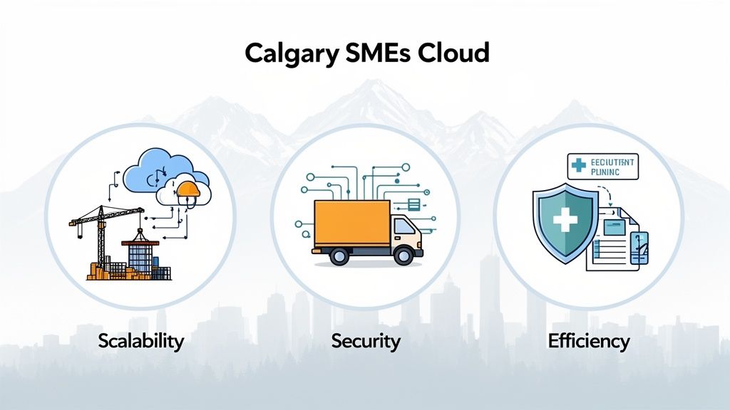 Infographic showing Calgary SMEs Cloud benefits: Scalability, Security, and Efficiency, each with a relevant icon.