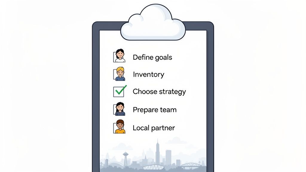 A cloud-themed checklist showing business steps: define goals, inventory, choose strategy (checked), prepare team, local partner.