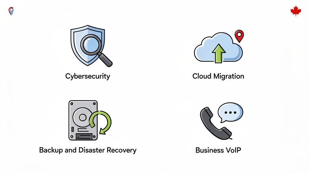 Four icons representing IT services: Cybersecurity, Cloud Migration, Backup and Disaster Recovery, and Business VoIP.