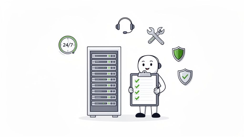 An illustration depicting comprehensive IT solutions with server management, 24/7 support, and security.