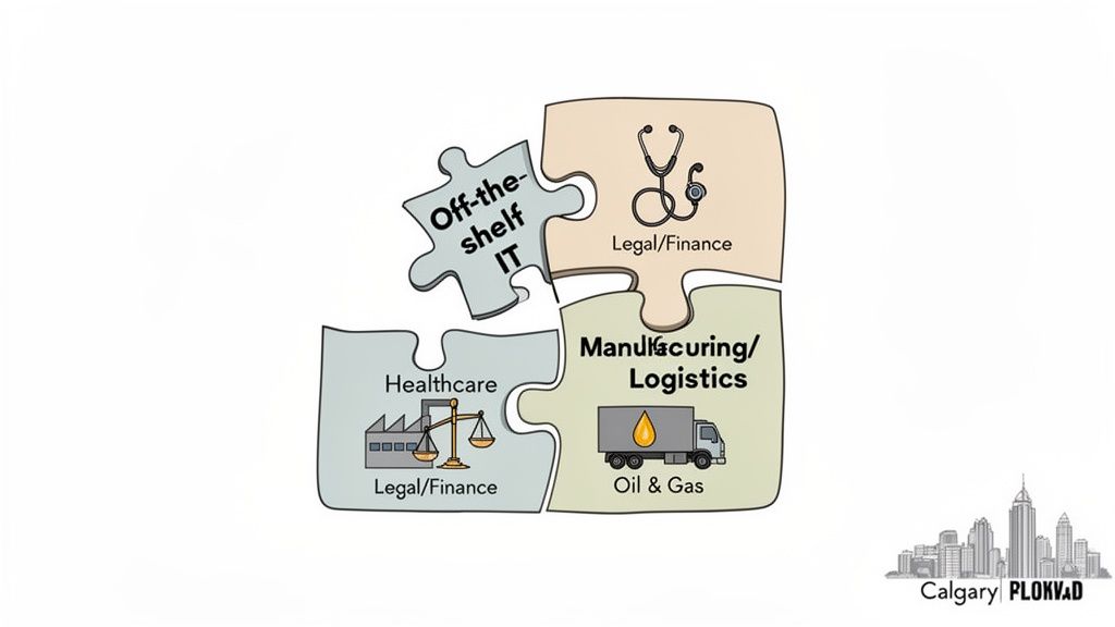 Puzzle diagram showing 'Off-the-shelf IT' connecting diverse sectors: healthcare, legal, finance, manufacturing, and oil & gas.