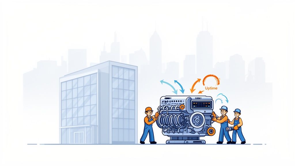 Three technicians in hard hats maintain a large industrial engine next to a modern building, ensuring uptime.