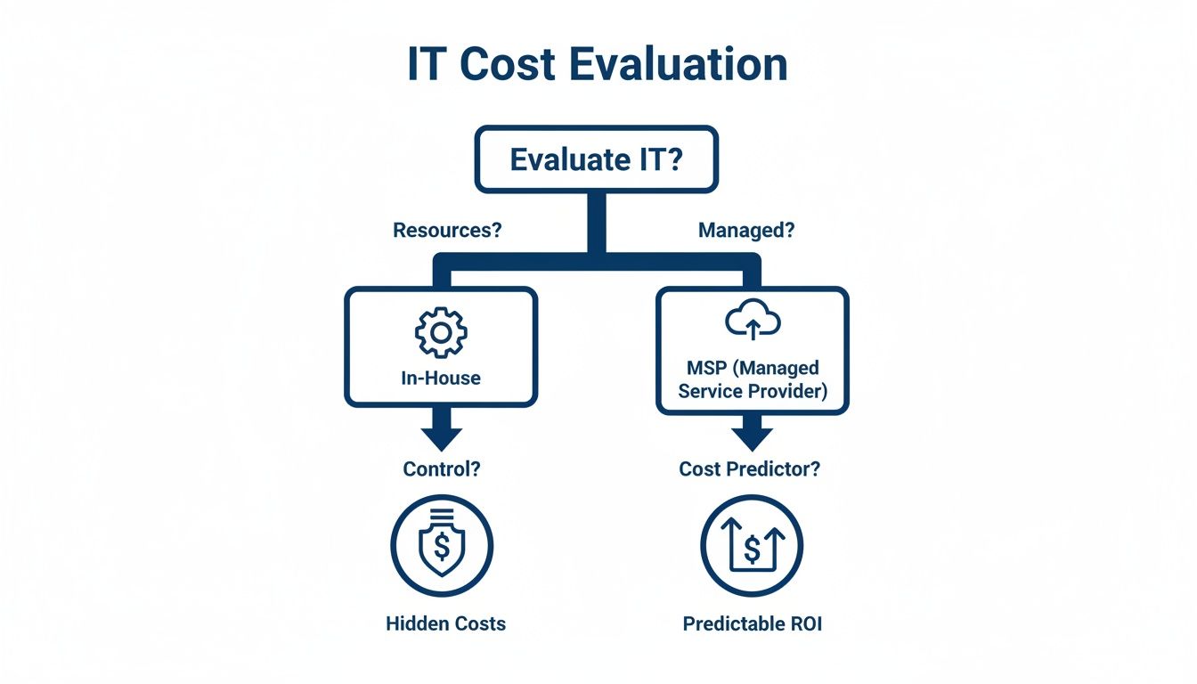 Flowchart comparing in-house IT with Managed Service Provider (MSP) IT for cost evaluation and ROI.