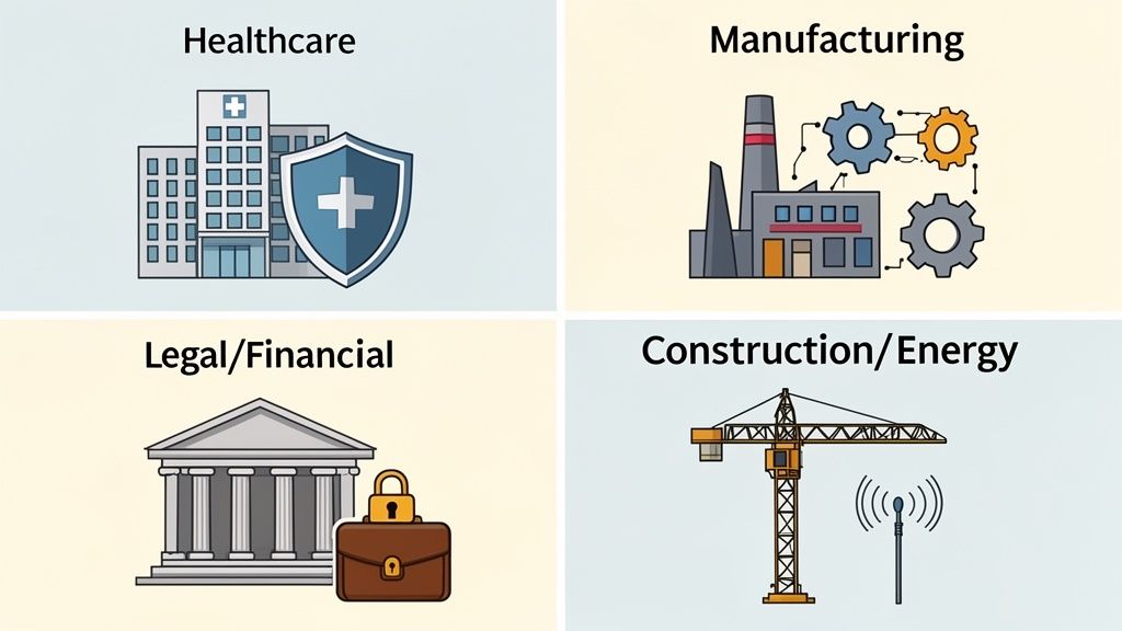 Four panels illustrating key business sectors: healthcare, manufacturing, legal/financial, and construction/energy, with relevant icons.