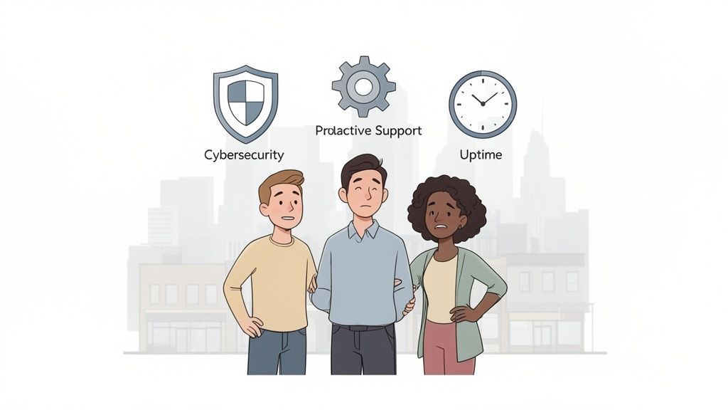 Three worried people under icons representing cybersecurity, proactive support, and uptime, symbolizing IT challenges.