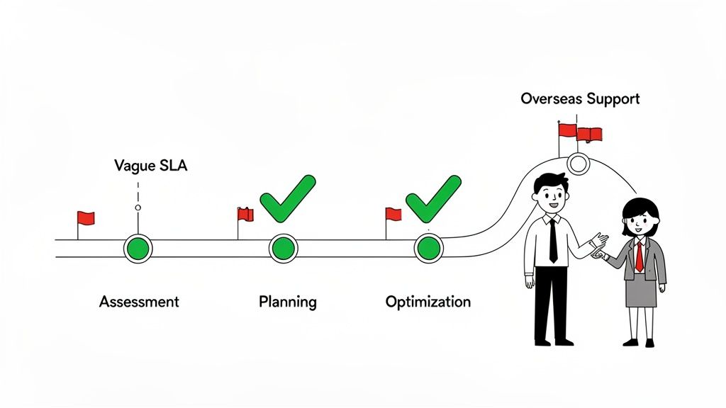 Infographic showing a multi-stage business process with challenges and successful optimization leading to overseas support.