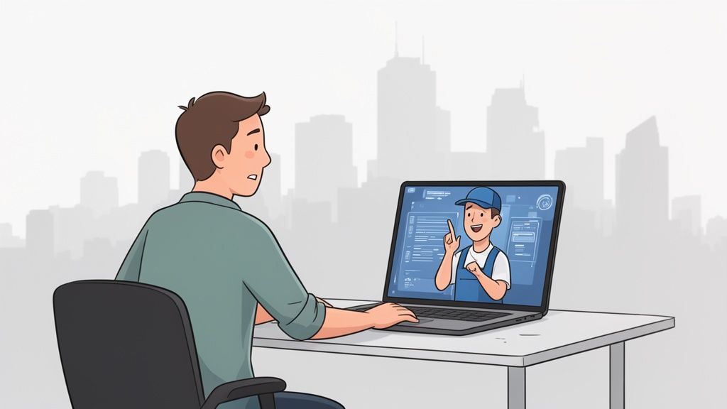 A person watches a helpful technician on a laptop, receiving remote IT support or online guidance.