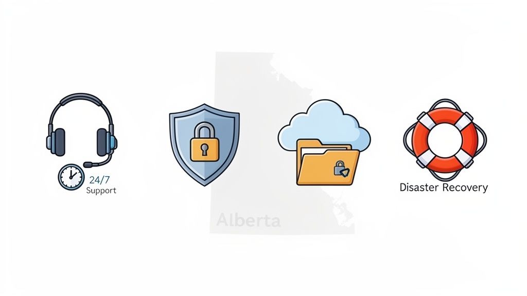 Icons representing 24/7 support, data security, secure cloud storage, and disaster recovery IT services.