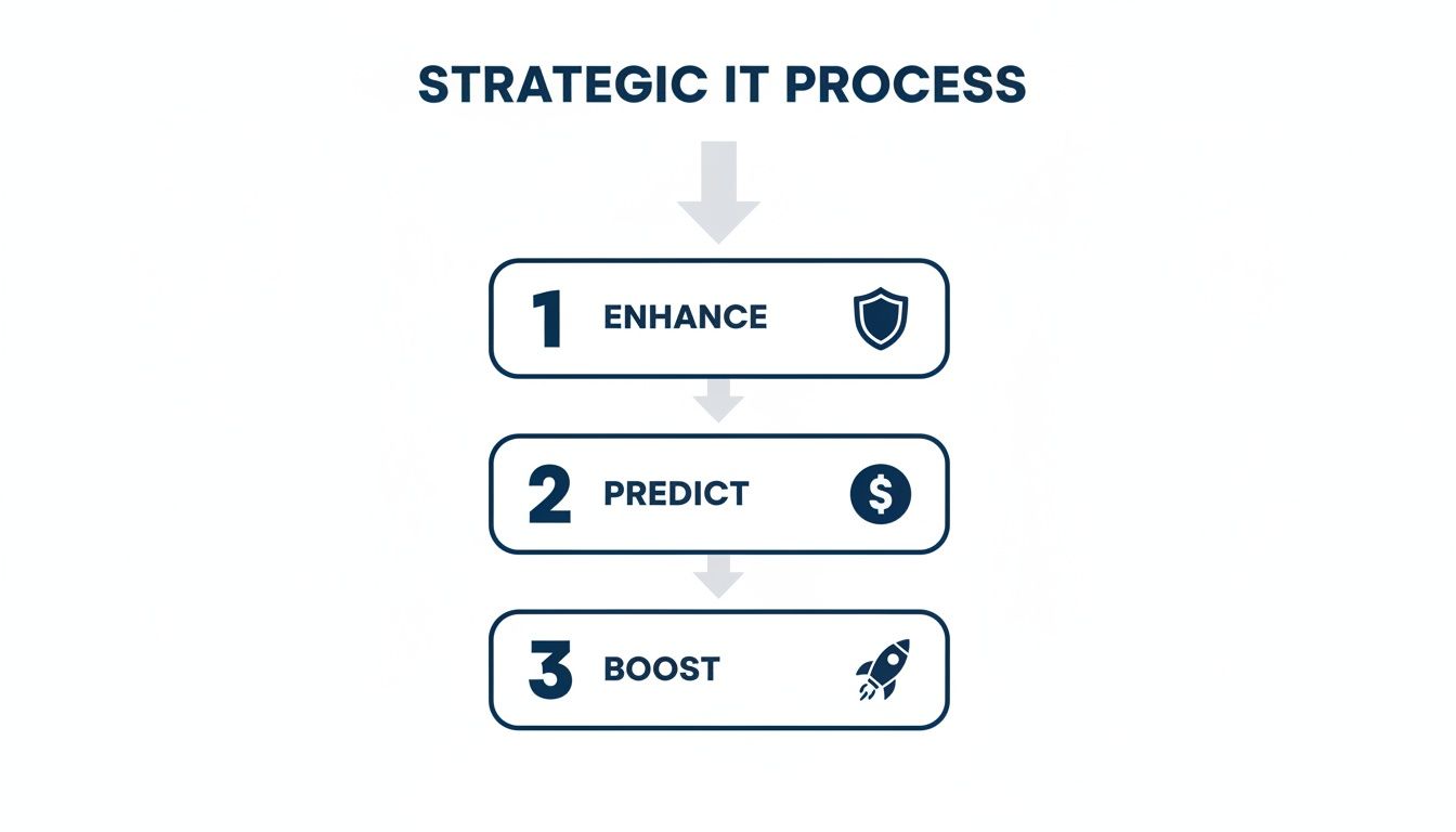 A three-step strategic IT process diagram showing Enhance, Predict, and Boost with corresponding icons.
