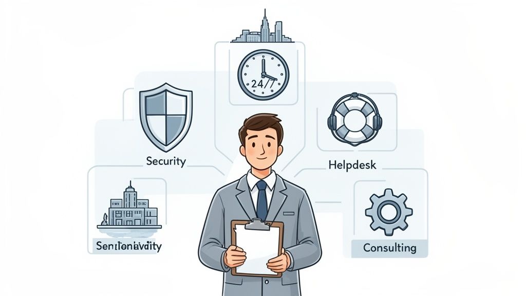 A businessman stands surrounded by icons representing security, 24/7 support, helpdesk, consulting, and infrastructure.