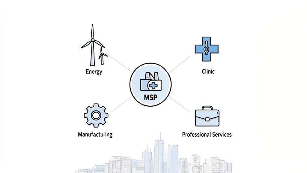 Diagram showing a Managed Service Provider (MSP) supporting diverse sectors like energy, healthcare, manufacturing, and professional services.