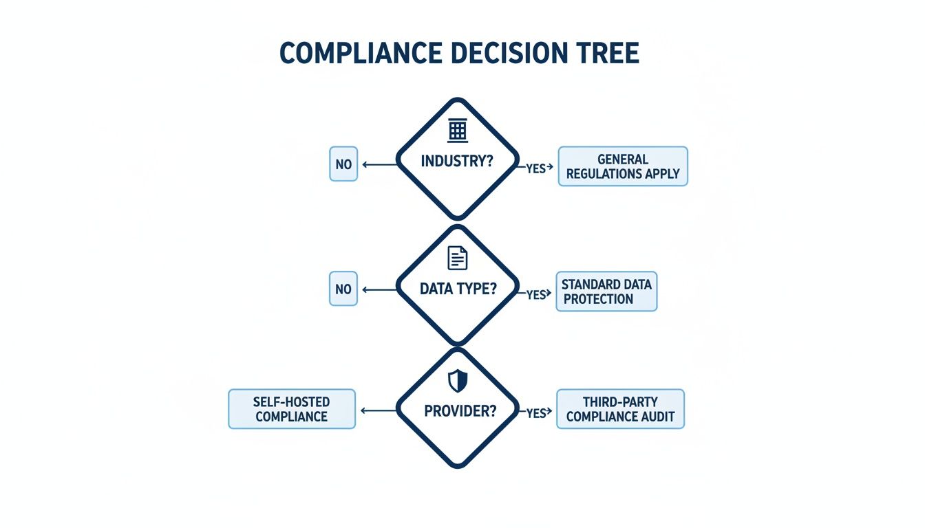 Flowchart illustrating a compliance decision tree based on industry, data type, and provider questions.