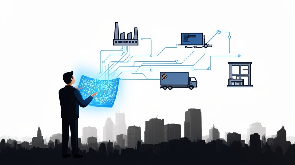 Man viewing a digital blueprint showing a connected supply chain with factory and trucks over a city skyline.