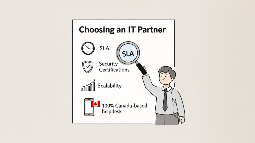 A cartoon illustration highlighting key factors for choosing an IT partner: SLA, security, scalability, and Canada-based helpdesk.