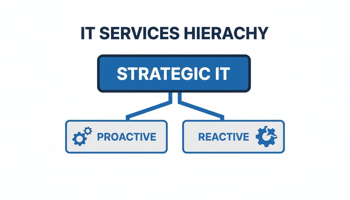 A diagram illustrating the IT services hierarchy, categorizing Strategic IT into Proactive and Reactive.