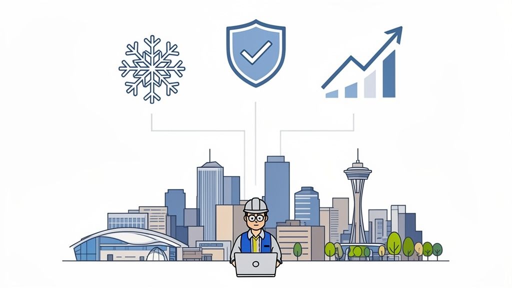 An engineer monitors city systems on a laptop, connecting climate, security, and performance icons above a skyline.