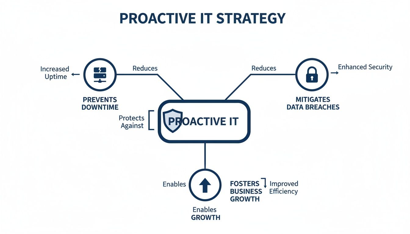 Diagram illustrating how a proactive IT strategy prevents downtime, mitigates data breaches, and fosters business growth.