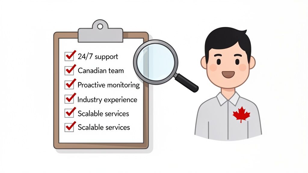 A smiling person in a Canadian maple leaf shirt reviewing an IT support services checklist.