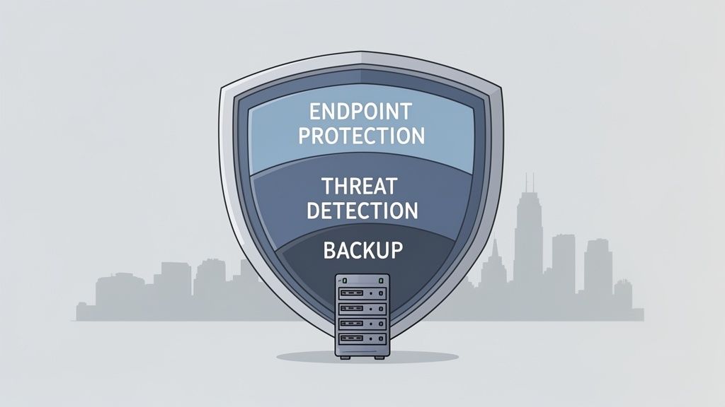 A cybersecurity shield with layers for endpoint protection, threat detection, and backup, safeguarding a server in a city.