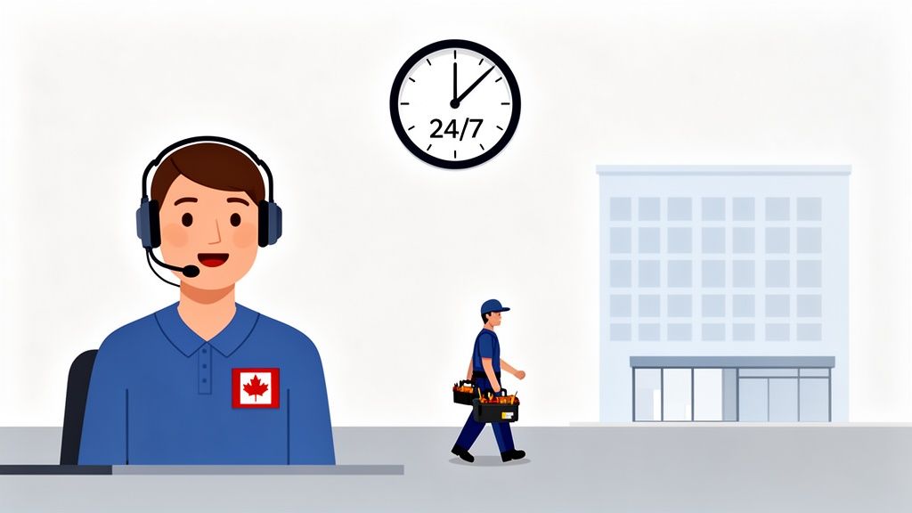 Canadian IT support with 24/7 service, featuring a customer agent and a technician arriving at a building.