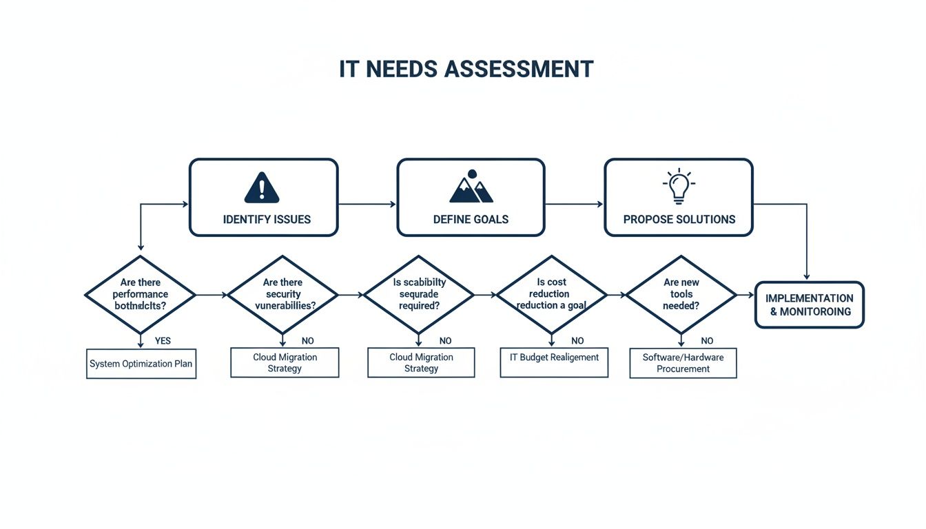 Flowchart illustrating an IT Needs Assessment process, from identifying issues to implementation.