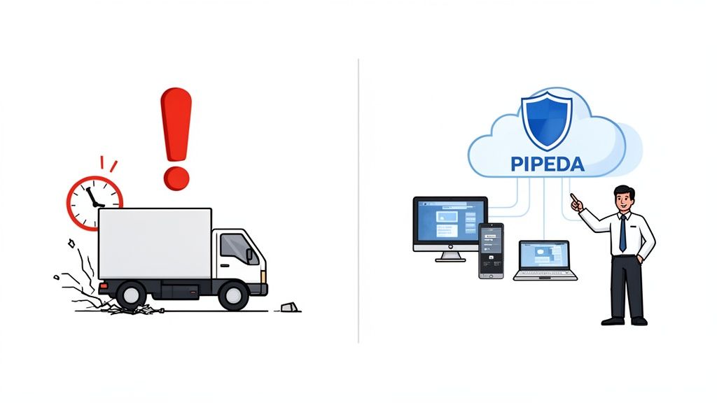 Image contrasting a delayed delivery truck with a secure cloud data protection system.