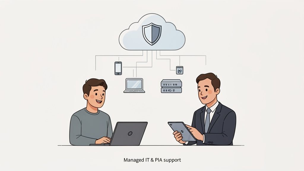 Two men using laptops and tablets connected to a secure cloud, illustrating managed IT and PIA support.