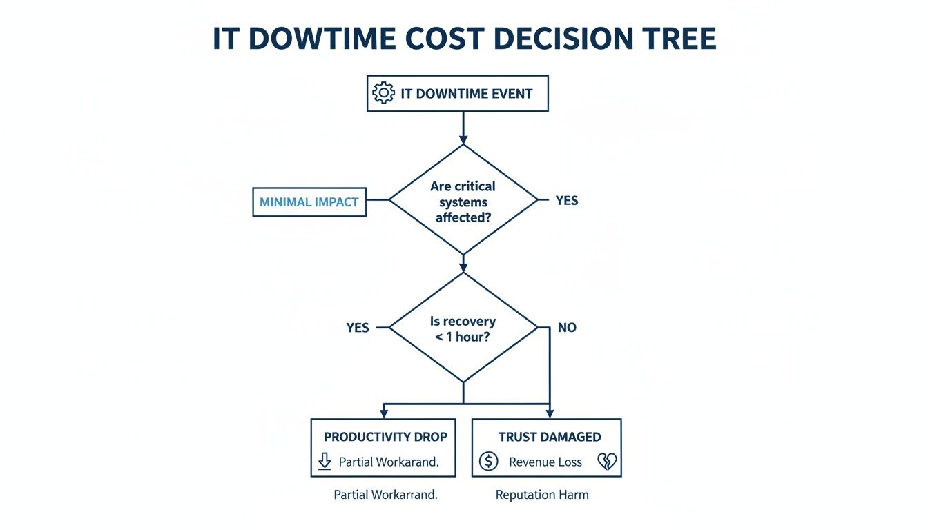 Flowchart illustrating an IT downtime cost decision tree with potential impacts.