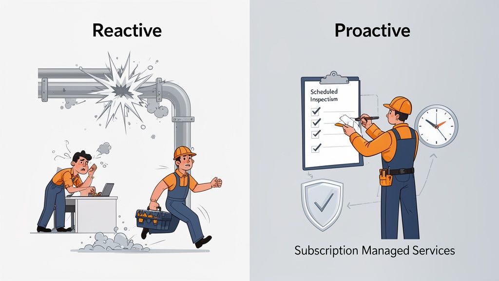 Illustration comparing reactive emergency repairs after a system failure with proactive scheduled maintenance services.