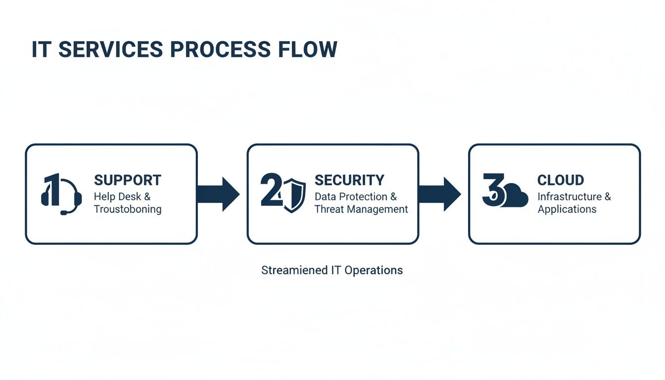 A flowchart illustrating IT services process flow with support, security, and cloud steps for streamlined operations.
