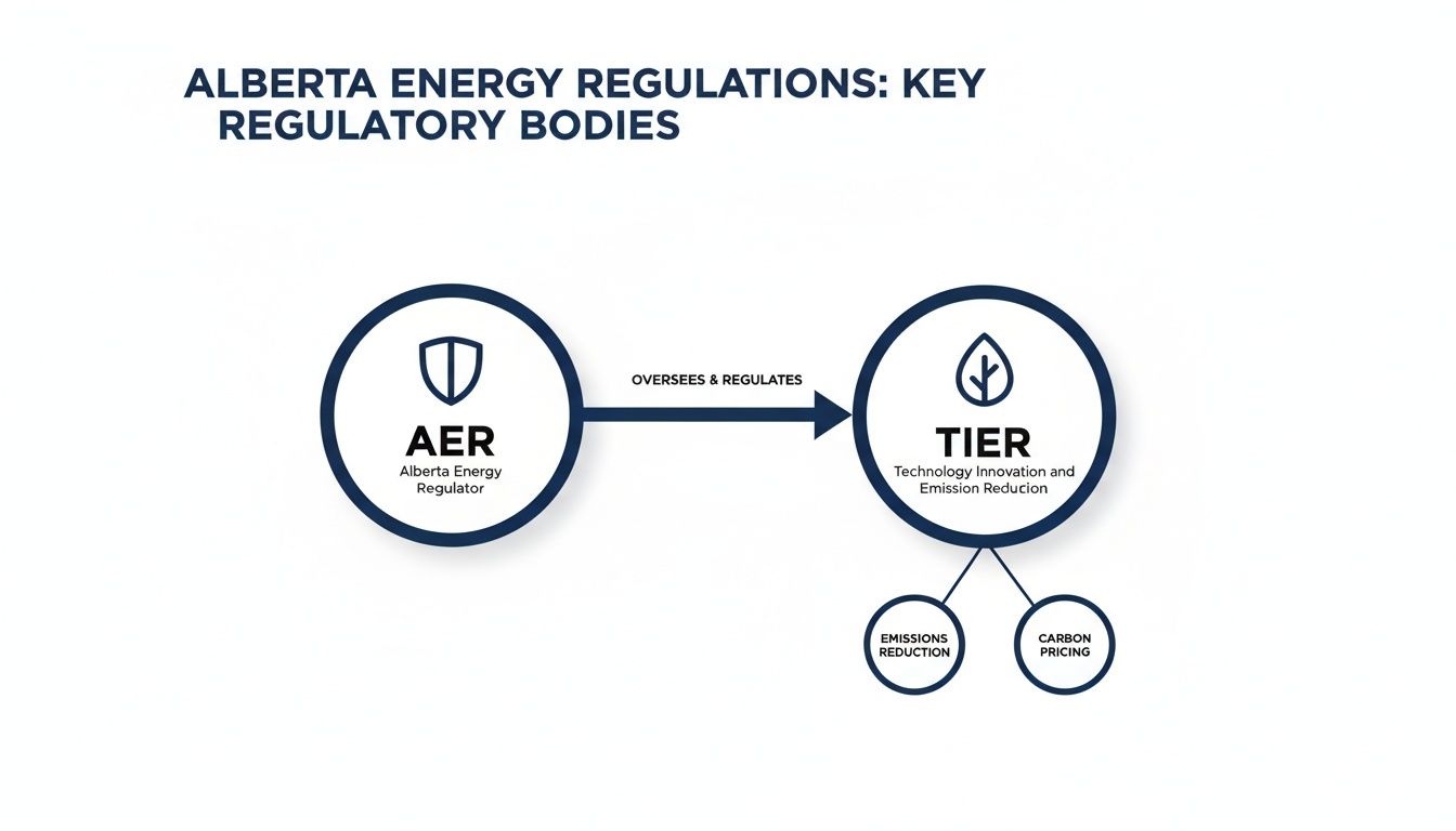 A diagram illustrating Alberta's key energy regulatory bodies: AER oversees TIER, which covers emissions reduction and carbon pricing.