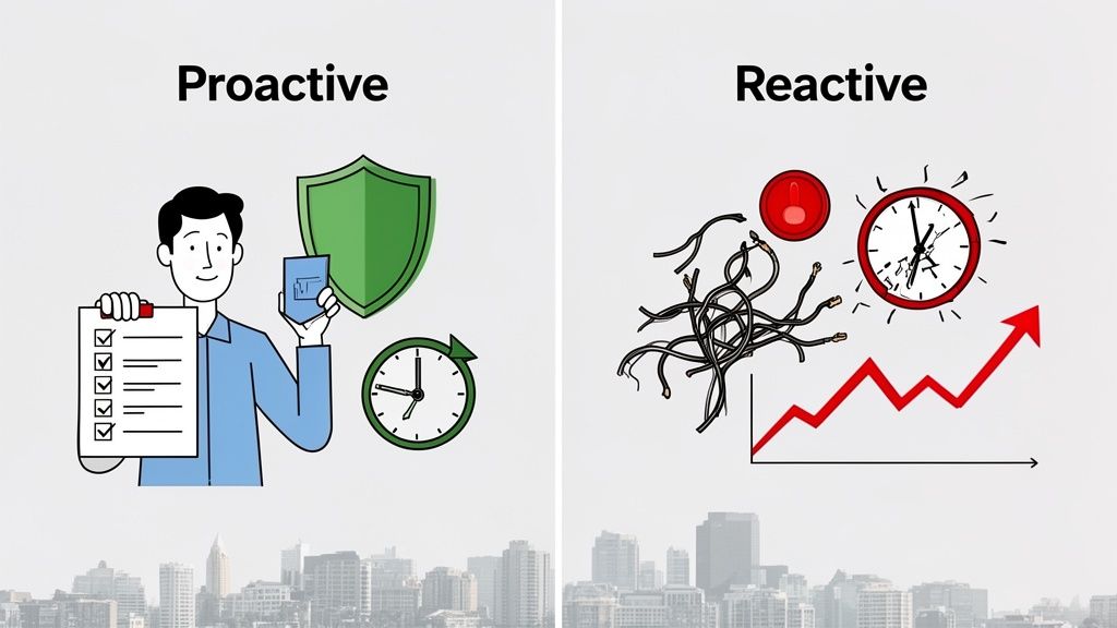 Illustration contrasting proactive planning, security, and time management with reactive chaos and rising problems.