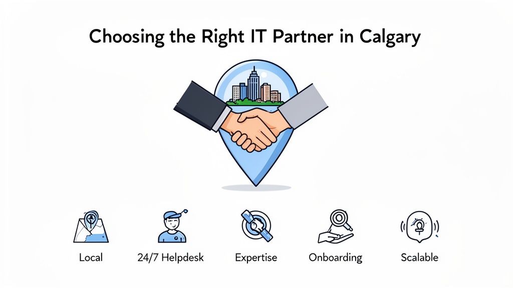 Choosing the right IT partner in Calgary: handshake over city, highlighting local, 24/7 support, expertise, onboarding, and scalability.