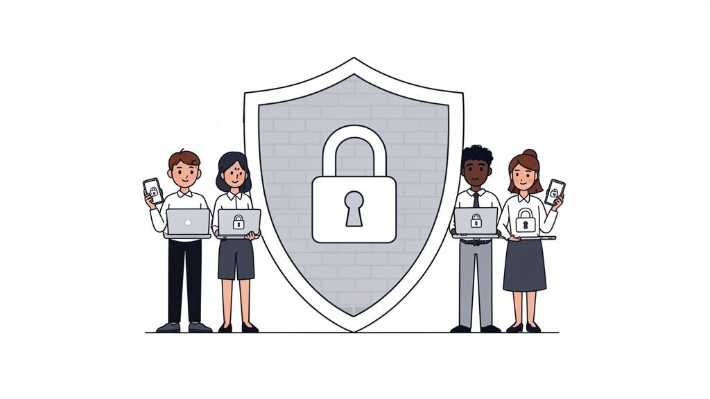 Illustration of diverse people using secured digital devices, protected by a large cybersecurity shield.