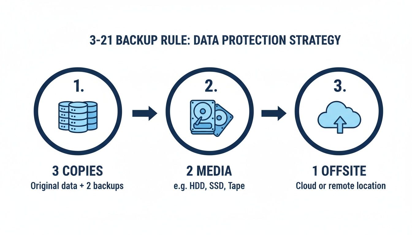 Infographic illustrating the 3-2-1 backup rule for data protection, showing 3 copies, 2 media, and 1 offsite.