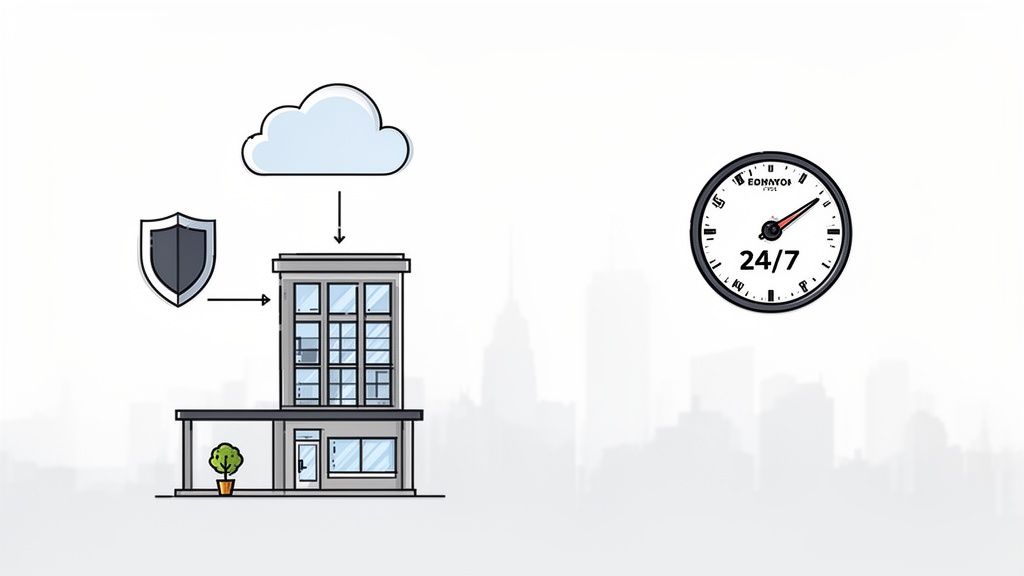 Illustration of a business building receiving secure cloud services and 24/7 managed IT support.