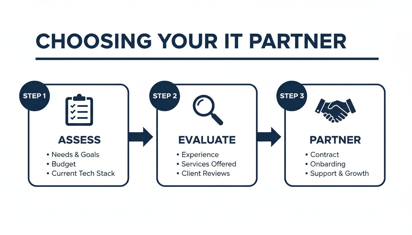 A three-step infographic explaining how to choose an IT partner: assess, evaluate, and partner.