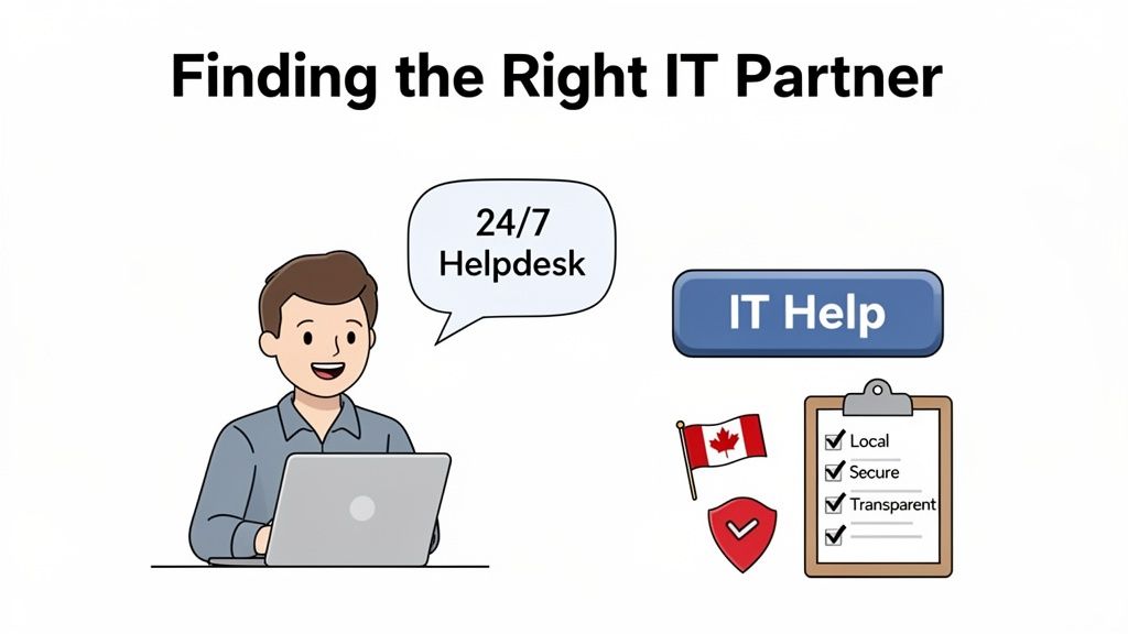 Illustration of a man getting IT support, featuring a 24/7 helpdesk, local, secure, and transparent services.