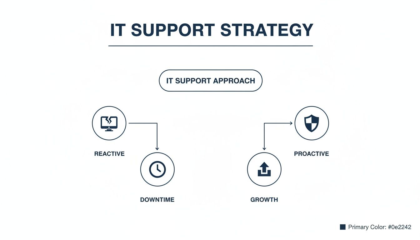An IT support strategy diagram illustrating reactive support results in downtime, while proactive support drives growth.