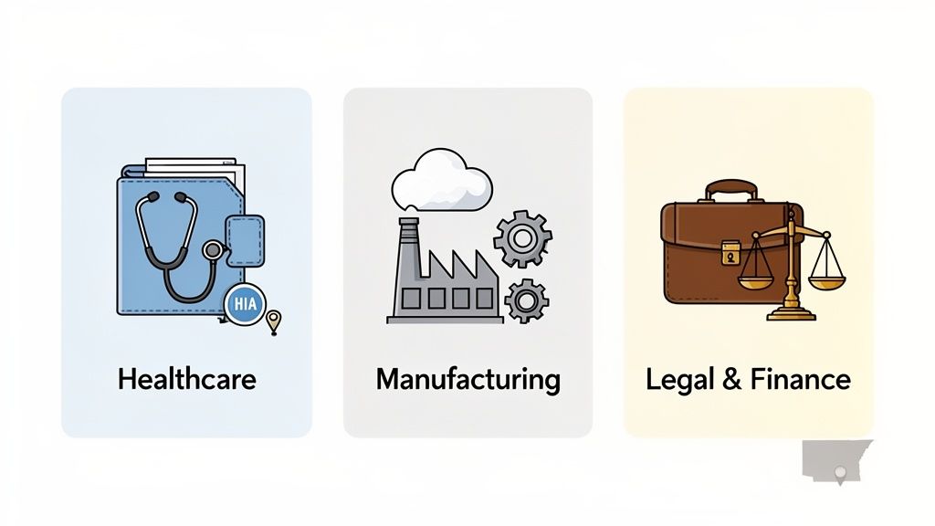 Three cards illustrating key industries: healthcare, manufacturing, and legal & finance with relevant icons.