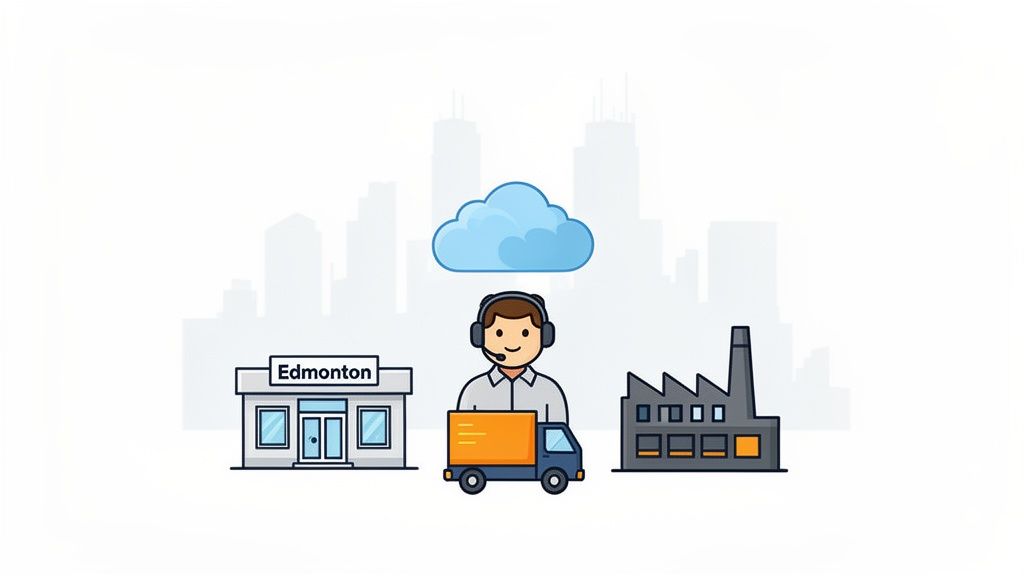 Cartoon illustrating an Edmonton business, a delivery service with a driver, and a factory connected by a cloud.