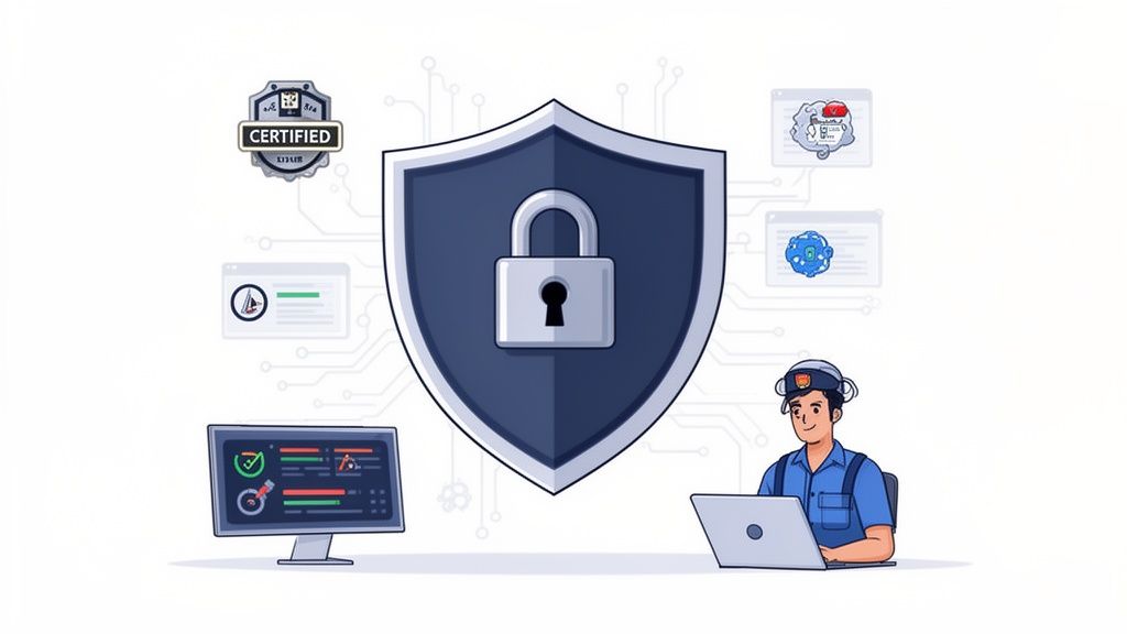 A cybersecurity expert monitors systems with a shield and padlock, symbolizing digital protection.