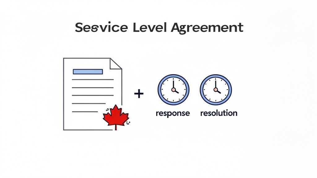 An illustration of a Service Level Agreement document, plus response and resolution time clocks, with a Canadian maple leaf.