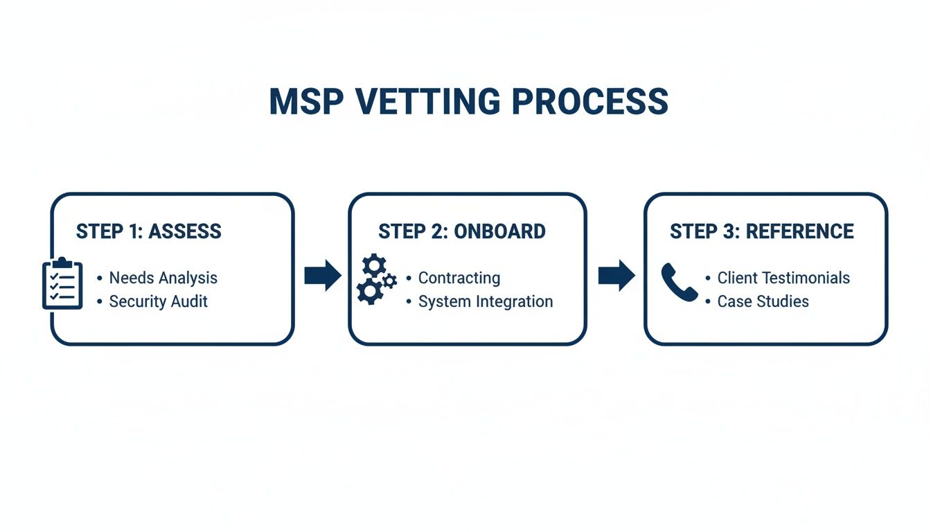 A flowchart showing the three-step MSP vetting process: Assess, Onboard, and Reference, with details.