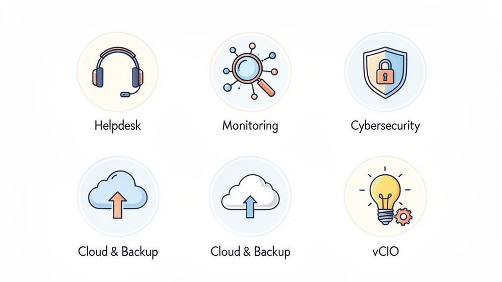 Six icons representing various outsourced IT services including Helpdesk, Monitoring, Cybersecurity, Cloud & Backup, and vCIO.