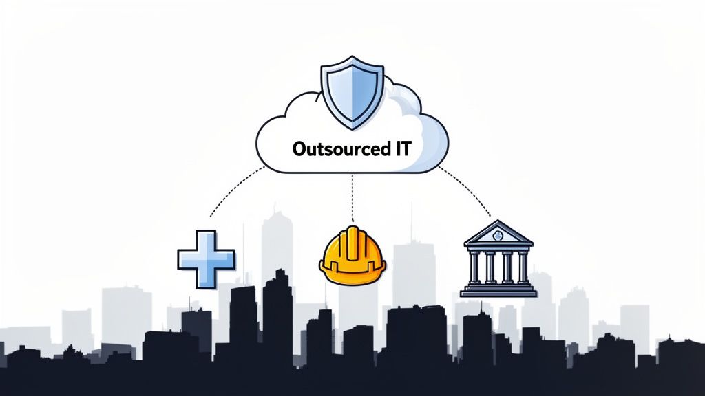 Outsourced IT cloud providing secure services to healthcare, construction, and banking sectors in a city.