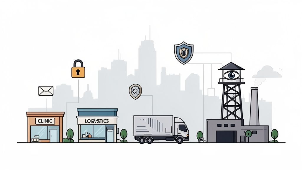 Cityscape illustration with clinic, logistics, factory, and truck, linked by cybersecurity, monitoring, and data privacy icons.