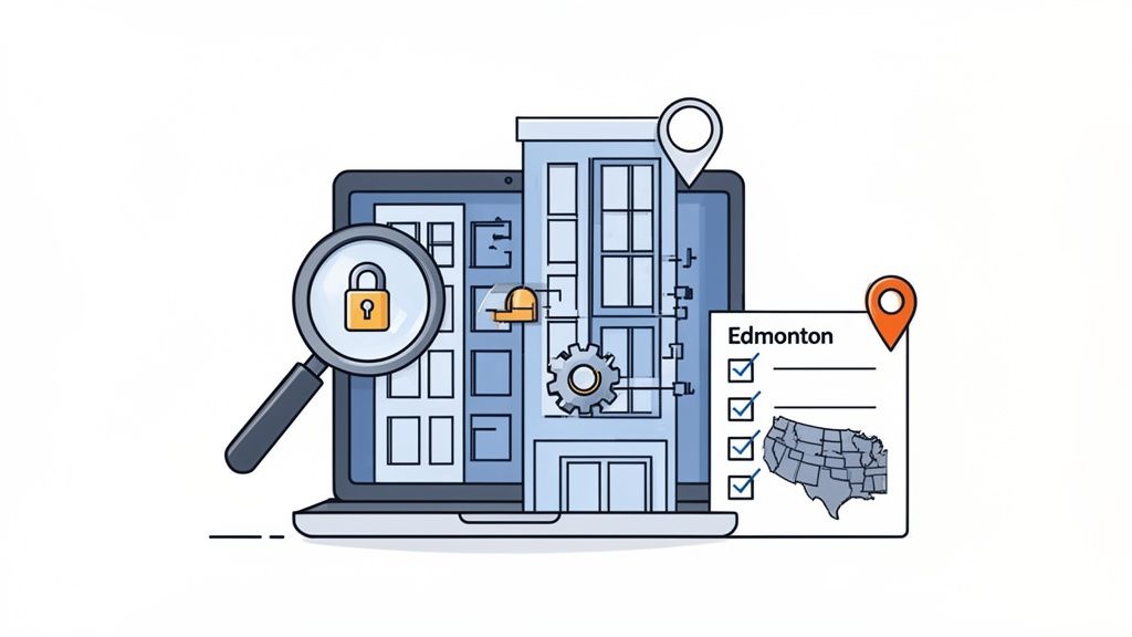 A laptop screen showing a building blueprint with security padlock, gear, and location markers, along with a document listing Edmonton and a US map.